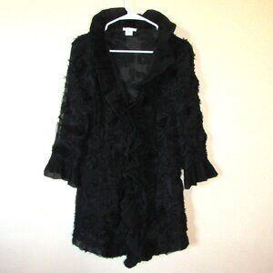 Grace Chuang Jacket Sheer Black 3D Textured Flowers Open Jacket Ruffle Edges S